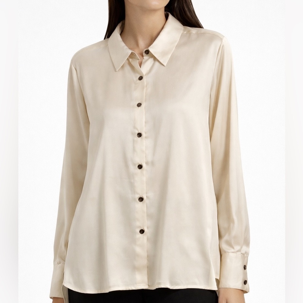Hester & Orchard Satin Oatmilk Button Down Blouse XL NWT High Low Hem